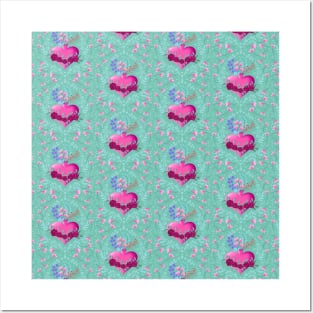 blooming heart on mint pattern Posters and Art